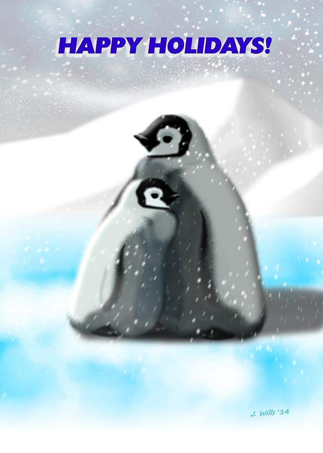 Winter Digital Art - Holiday greeting card cute penguins by John Wills