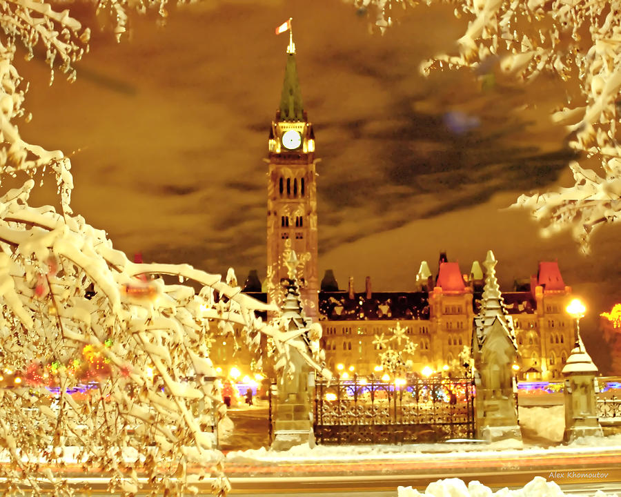 Holiday Ottawa Parliament and Peace Tower Night Lights Mixed Media by