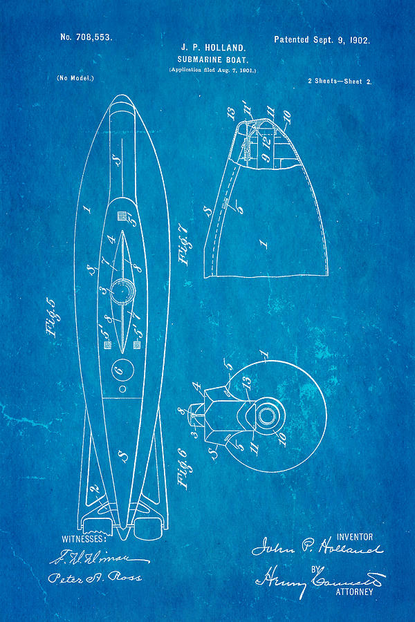Vintage Photograph - Holland Submarine Patent  Art 2 1902 Blueprint by Ian Monk