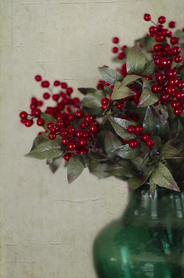 Holly Berries in Green Vase Photograph by Rebecca Cozart