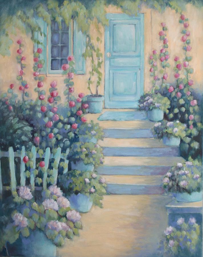 Flower Painting - Holly Hock Cottage by Linda  Wissler