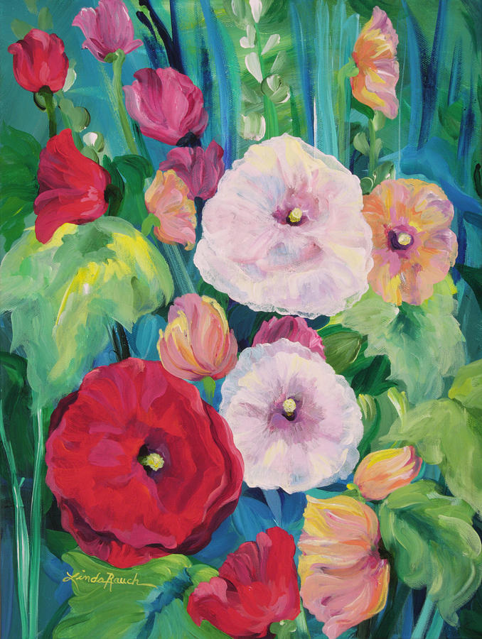 Hollyhock Bouquet Painting by Linda Rauch
