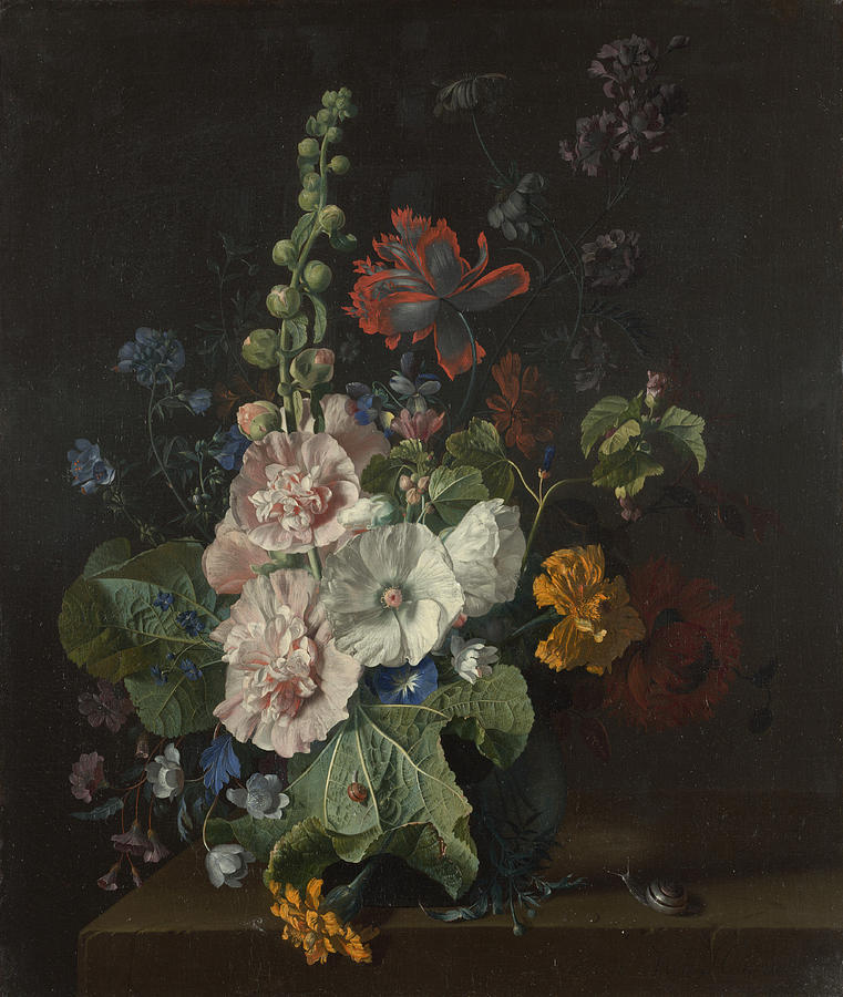 Hollyhocks and Other Flowers in a Vase Painting by Jan van Huysum