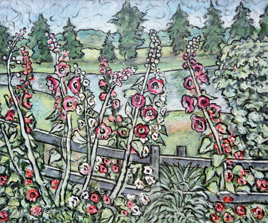 Hollyhocks By The Lake Painting
