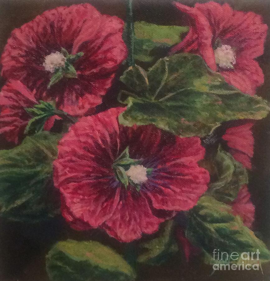 Red Hollyhocks Painting by Gail Allen