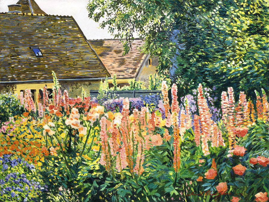 Garden Painting - Hollyhocks Garden by David Lloyd Glover