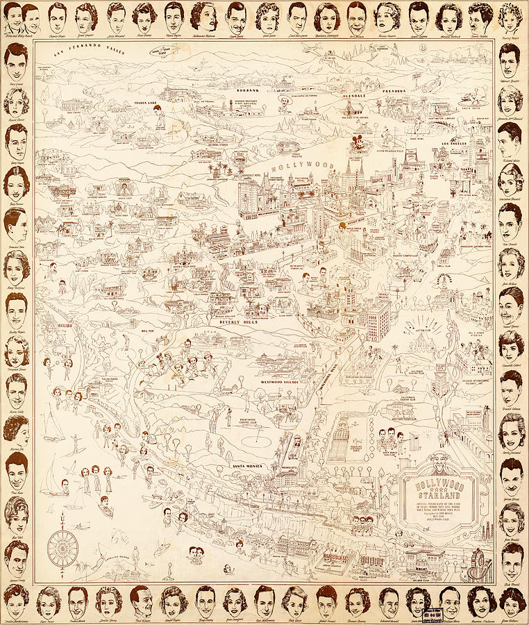 Hollywood Star Map Golden Age Celebrities 1937 Painting by MotionAge Designs