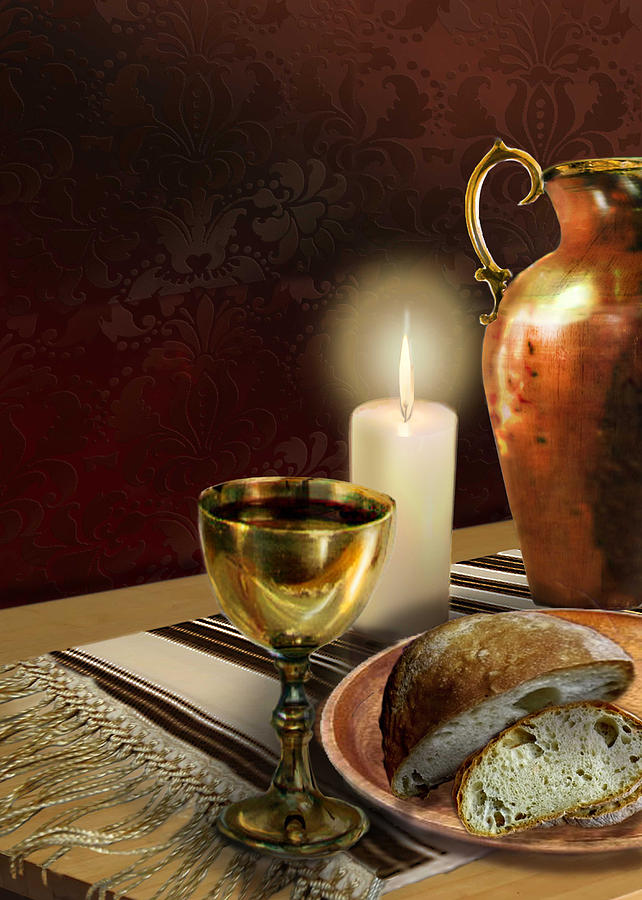 Jewish table setting with bread and wine Painting by Regina Femrite