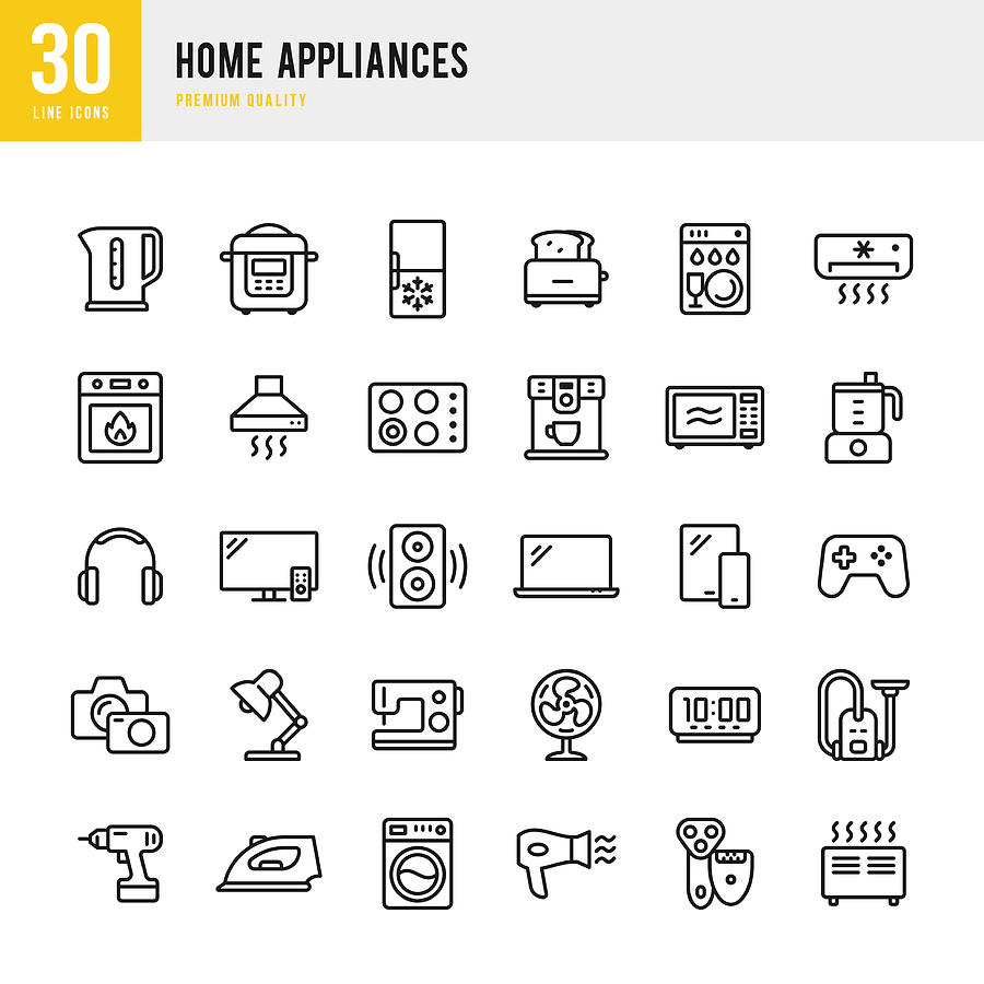 Home Appliances - set of thin line vector icons Drawing by Fonikum