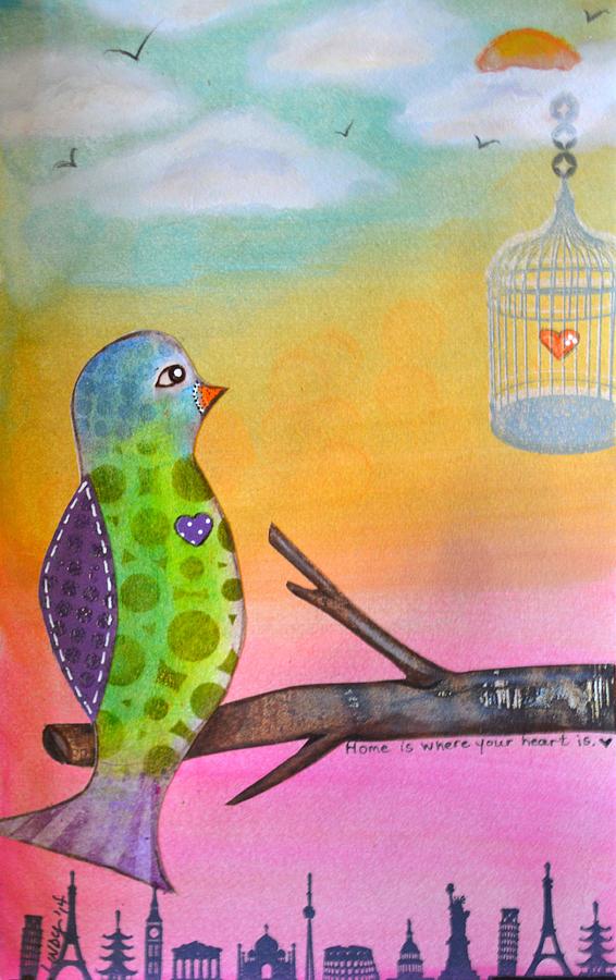 Bird Painting - Home is Where the Heart is by Lindy Powell