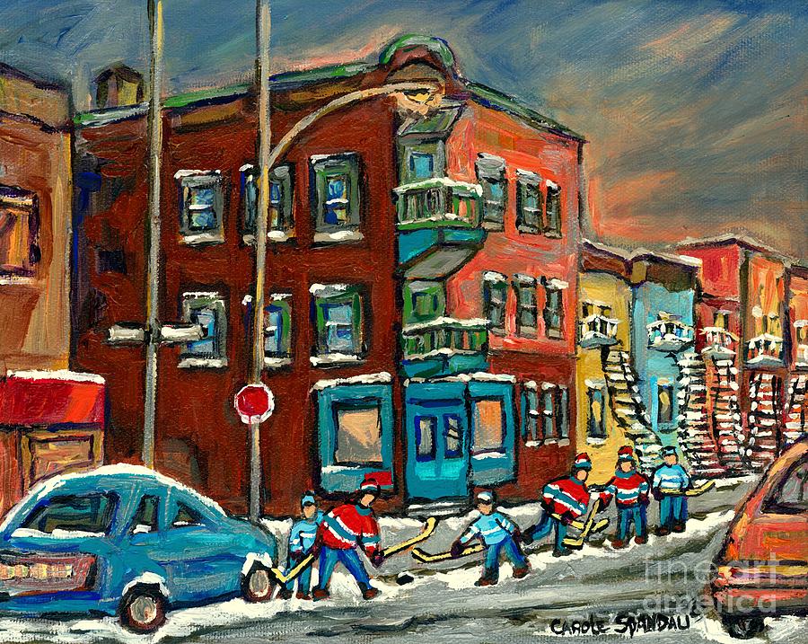 Hockey Art Big Game Tonight At The Local Deli Montreal Winter Art Hockey Near Winding Staircases  Painting by Carole Spandau