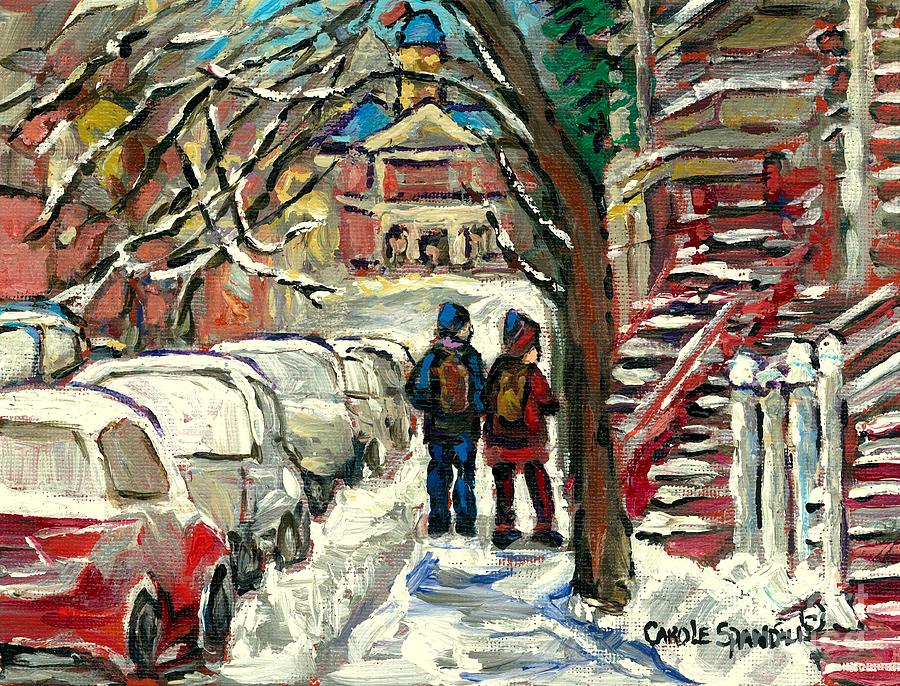 Winter Walk To Mcgill Snowy Red Staircase Montreal Paintings Winter Scene Art Carole Spandau Painting by Carole Spandau