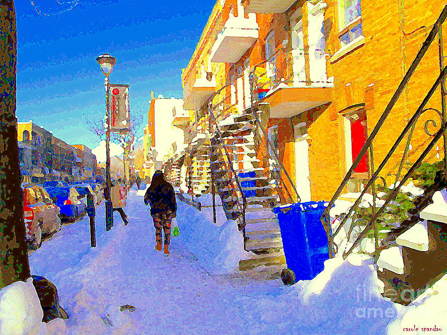 Winter Painting - Verdun Winter Street Scene A Winter Walk On Wellington Sunny Day In Montreal Carole Spandau by Carole Spandau