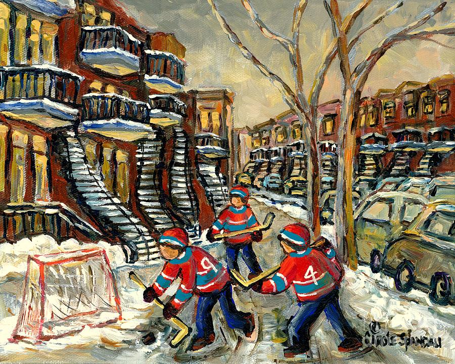 Hockey Art Homage To Number 4 And 9 Verdun Boys In New Red Hockey Jerseys Near Staircase            Painting by Carole Spandau