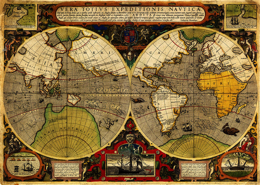 Hondius map of the World 1595 Painting by MotionAge Designs