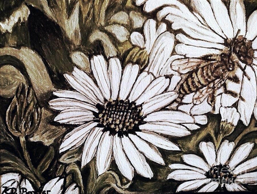 Honey Bee Cruzing the Daisies with Monochromatic Look  Painting by Kimberlee Baxter