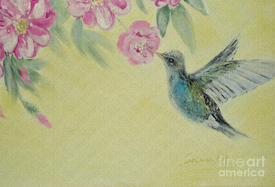 Hummingbird and Wild Roses Painting by Oksana Semenchenko