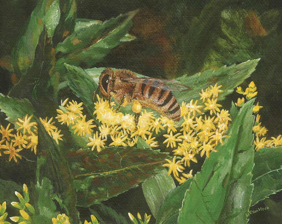 Honeybee on Goldenrod Painting by Lucinda VanVleck