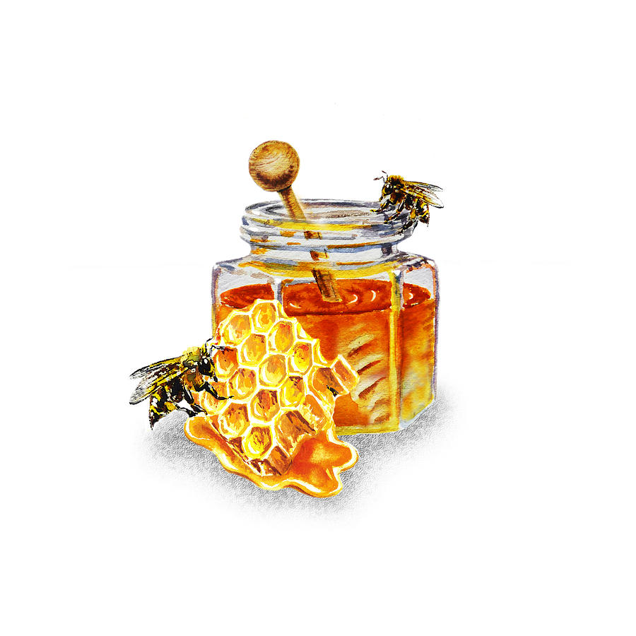 Honeycomb With Honey Jar Painting by Irina Sztukowski