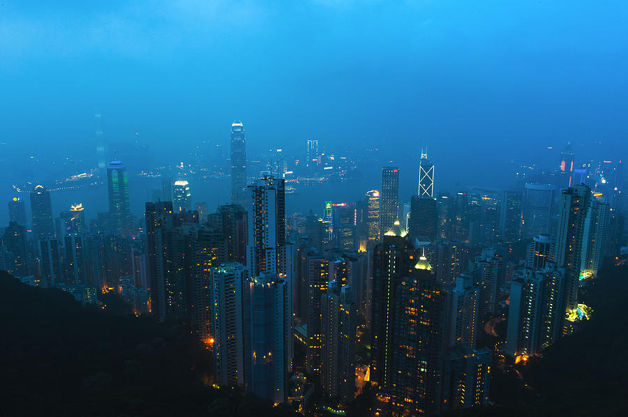 Hong Kong in Foggy night Photograph by Hisao Mogi