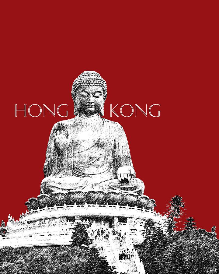 Hong Kong Skyline Tian Tan Buddha - Dark Red Digital Art by DB Artist