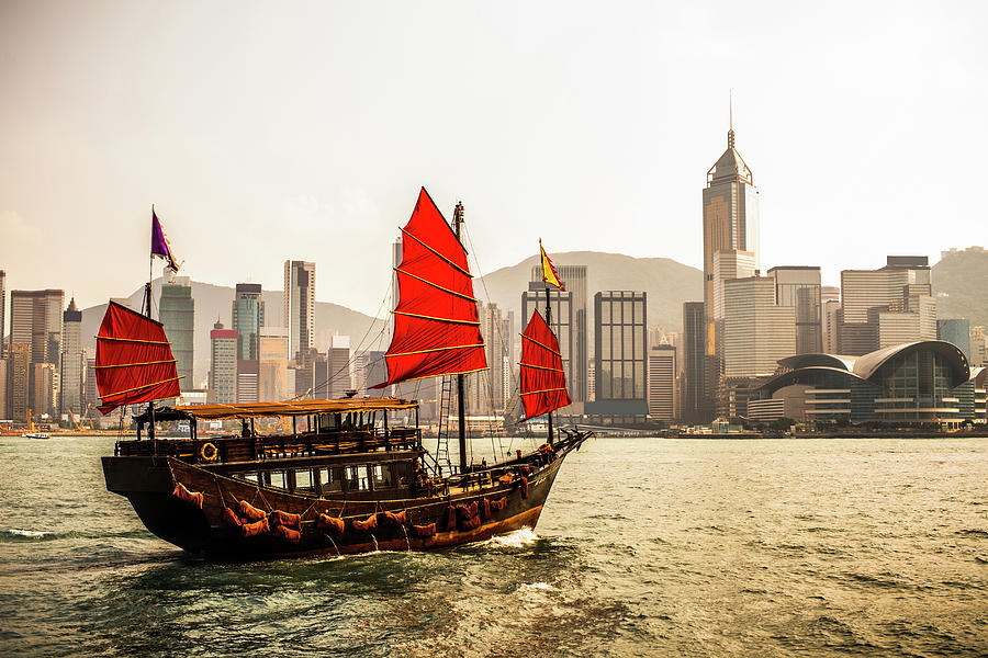 Hong Kong Skyline With Chinese Junk Photograph By Tim Martin - Fine Art 