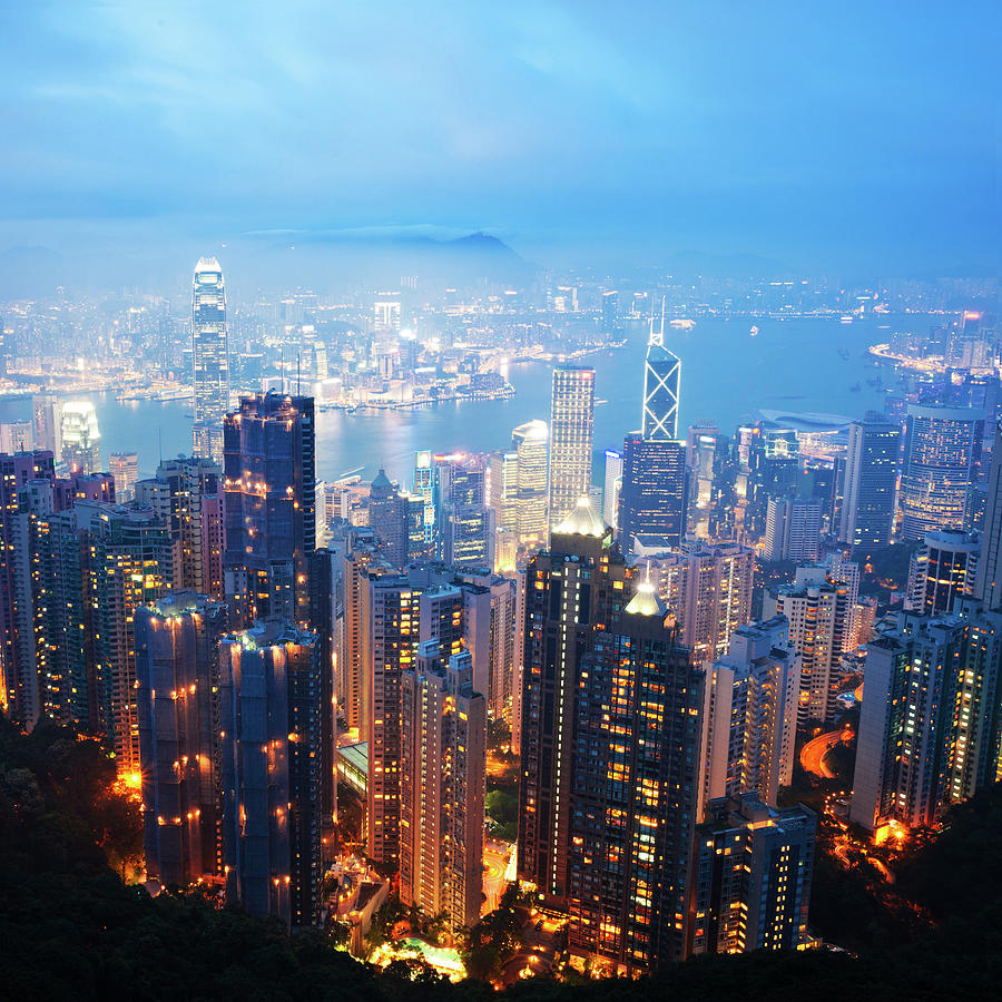 Hong Kong Skyscrapers At Night Photograph by Fzant