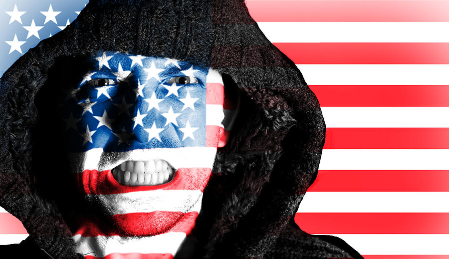 Football Photograph - Hooded angry man with American flag design on face by Fizzy Image