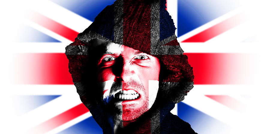 Football Photograph - Hooded angry man with british union flag design on face by Fizzy Image