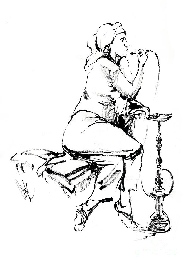 Oriental Woman Drawing - Hookah by Konstantin Boreo