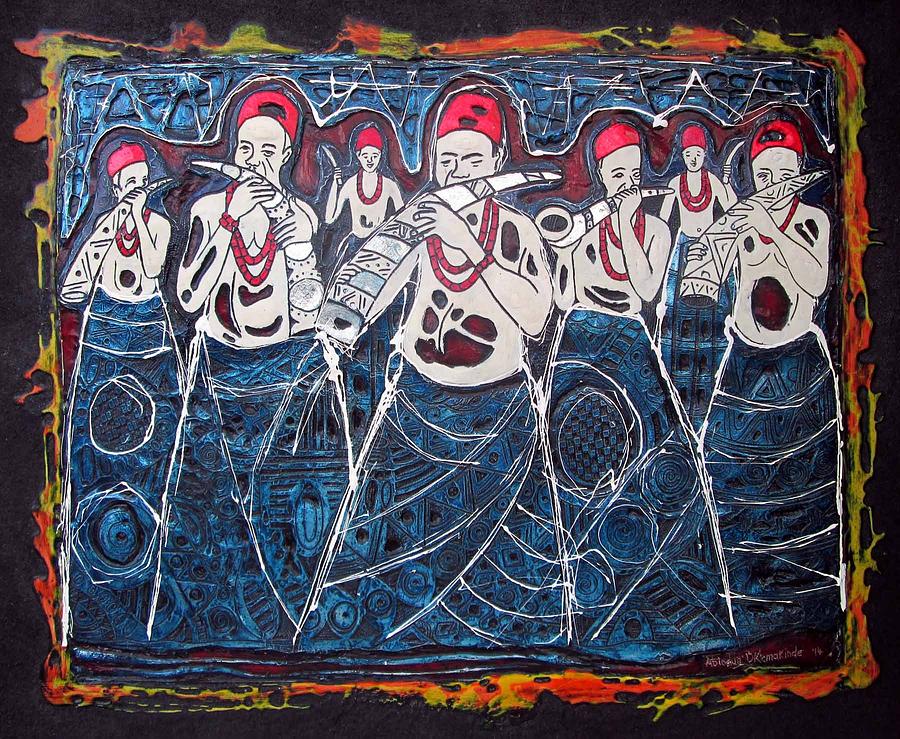 African Painting - Horn Blowers by Okemakinde John abiodun