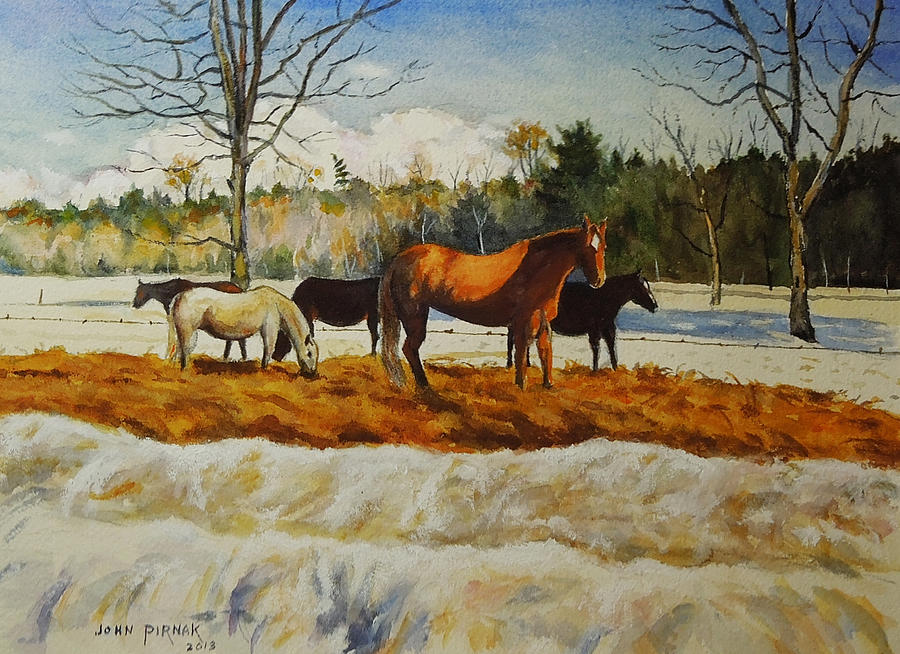 Horse and Ponies in Winter..Matted  r Painting by John Pirnak