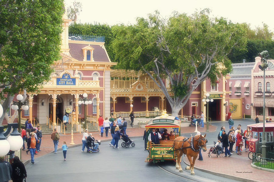 Transportation Photograph - Horse and Trolley Turning Main Street Disneyland 02 by Thomas Woolworth