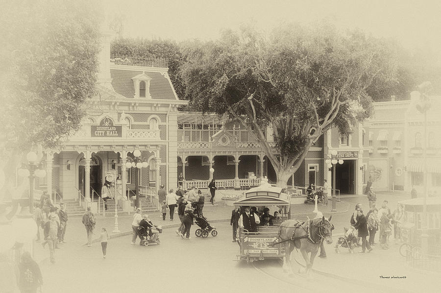 Transportation Photograph - Horse and Trolley Turning Main Street Disneyland Heirloom by Thomas Woolworth