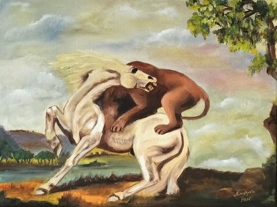 Horse Attacked By A Lion Painting by Ryszard Ludynia