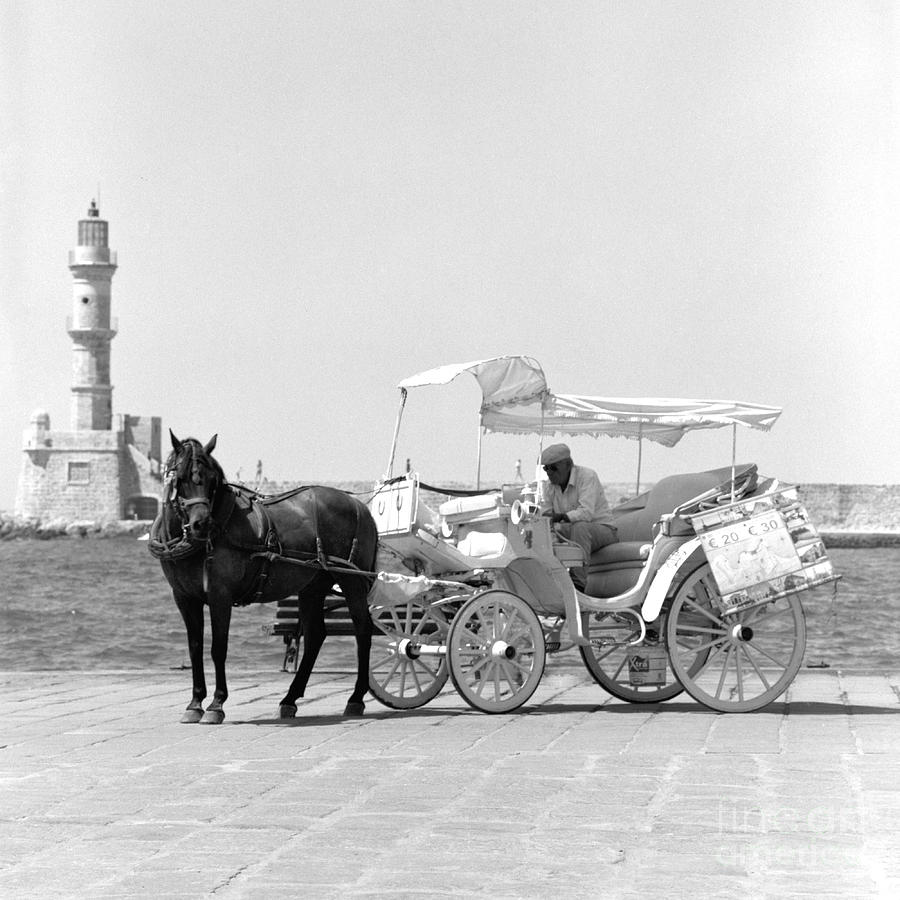 Black And White Photograph - Horse buggy and lighthouse by Paul Cowan