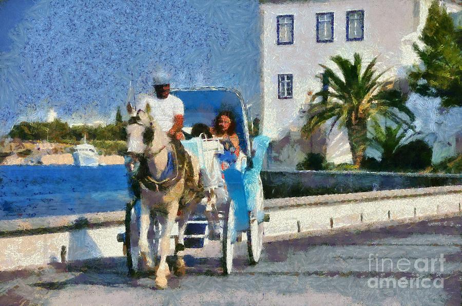 Horse carriage in Spetses island Painting by George Atsametakis