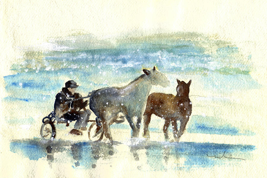 Beach Painting - Horse Carriage on A Beach in Ireland by Miki De Goodaboom