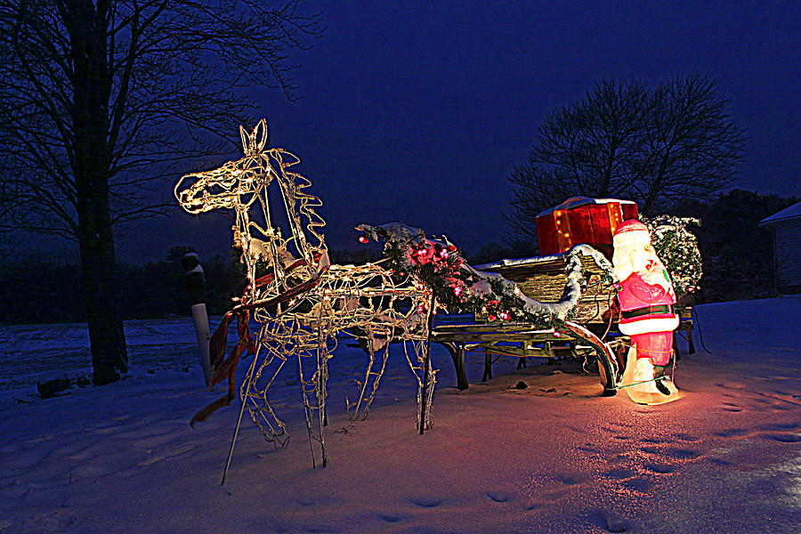 Horse Drawn Sleigh and Santa at Night Photograph by Suzanne DeGeorge