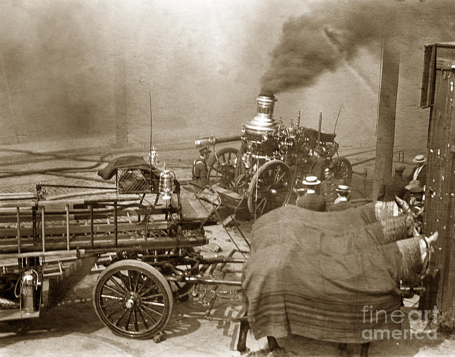 Vintage Photograph - Horse Drawn Water Steam Pumper Fire truck circa 1906 by Monterey County Historical Society