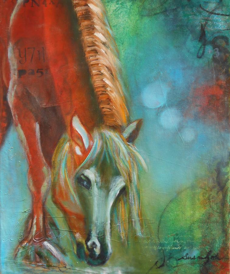 Horse drinking Painting by Susan Goh