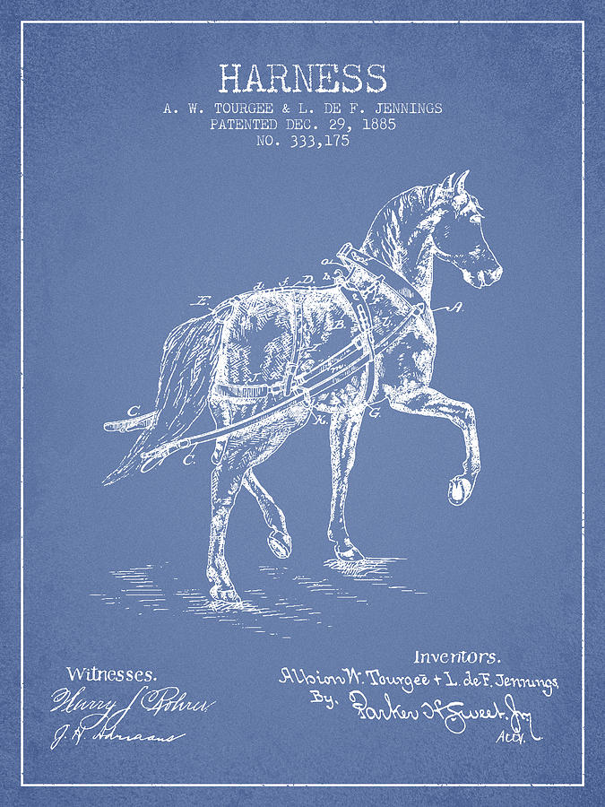 Horse Digital Art - Horse harness patent from 1885 - Light Blue by Aged Pixel