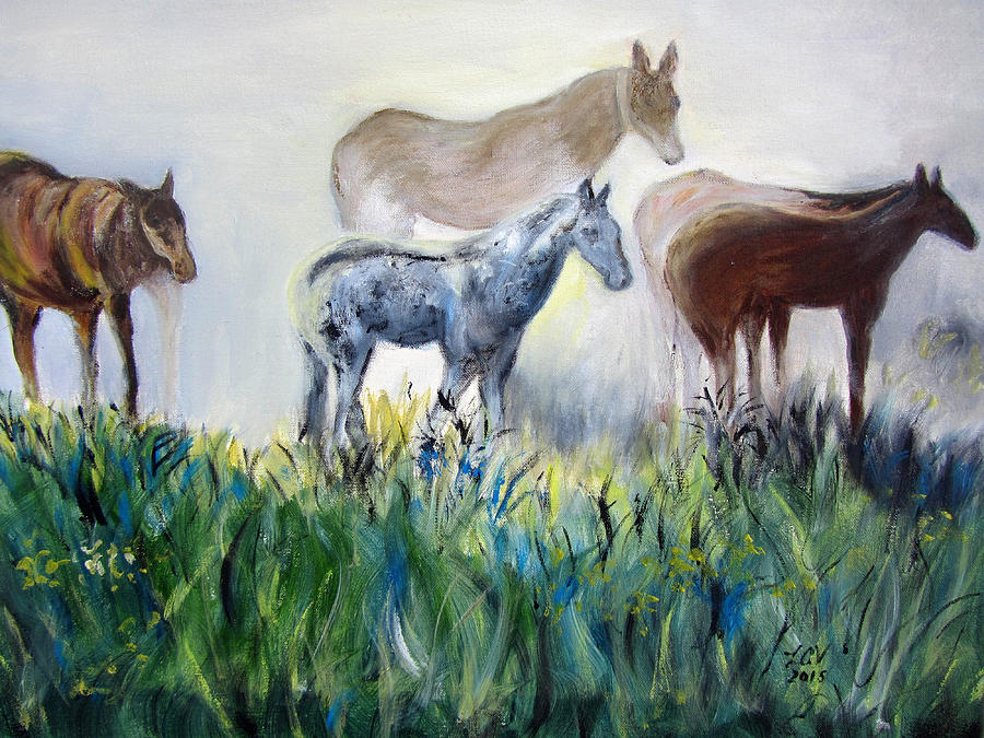 Horses in the Fog Painting by Lucille  Valentino