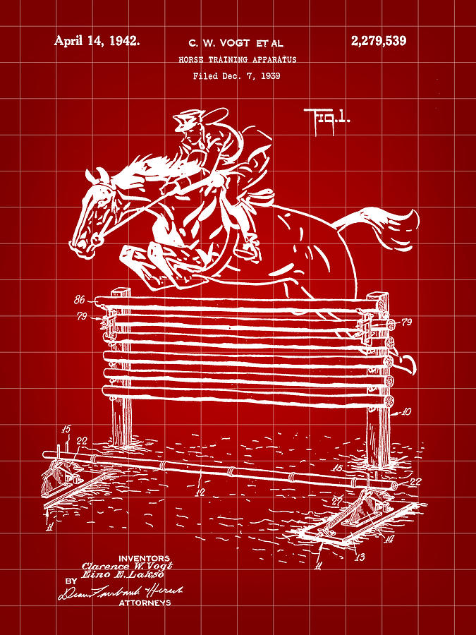 Horse Jump Patent 1939 - Red Digital Art by Stephen Younts