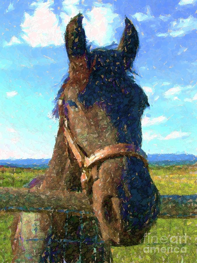 Horse looks over fence Digital Art by Annie Gibbons