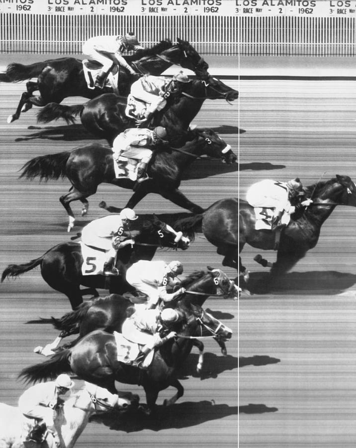 Black And White Photograph - Horse Racing At Los Alamitos by Underwood Archives