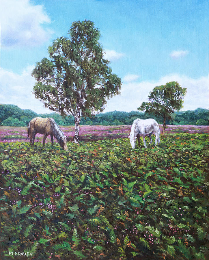 Horse Painting - Horses and Heather in the New Forest by Martin Davey