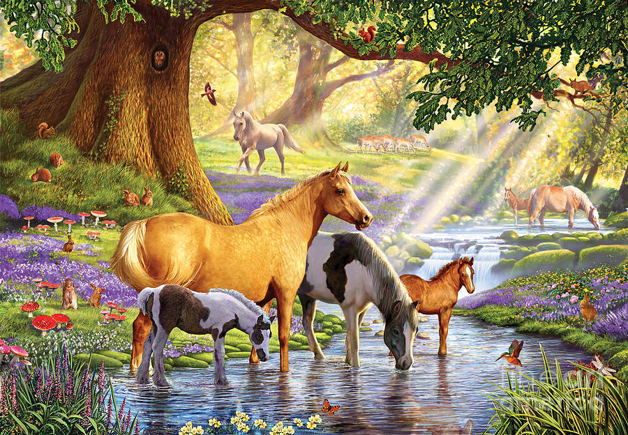 Horse Digital Art - Horses by the Stream by MGL Meiklejohn Graphics Licensing