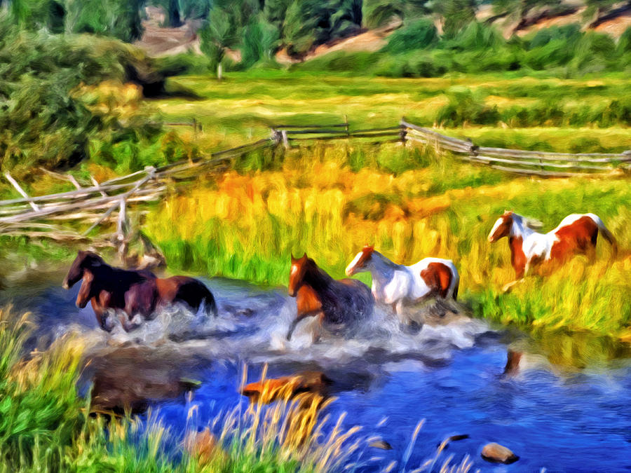 Horses Crossing the Creek Painting by Michael Pickett