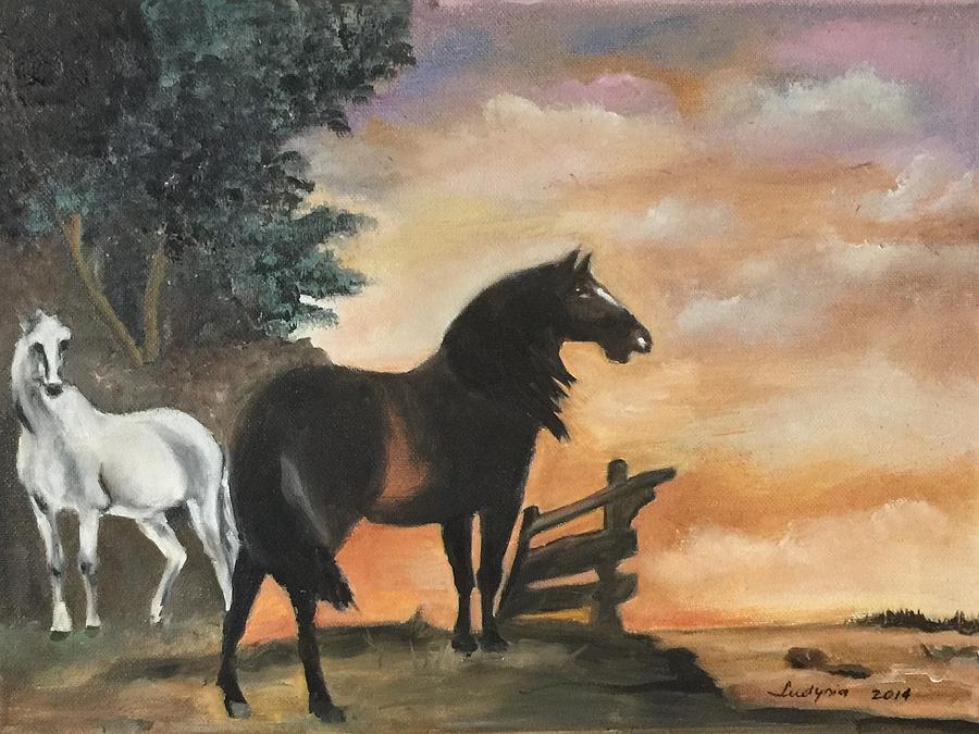 Horses In A Field Painting by Ryszard Ludynia